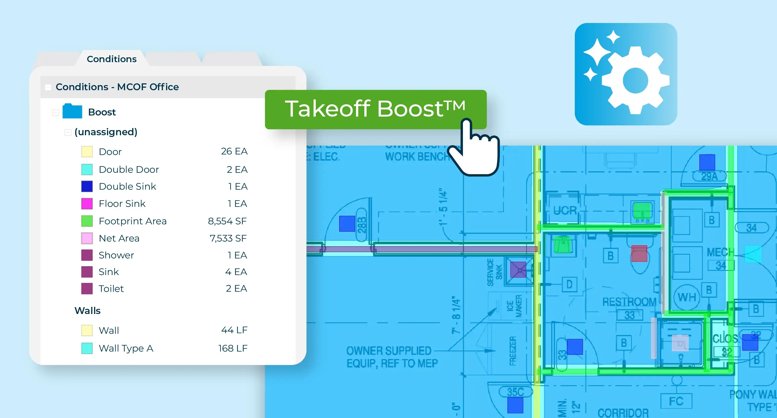 Architectural floor plan of MCOF Office showing detailed layout and demonstrating how Takeoff Boost™ AI can help